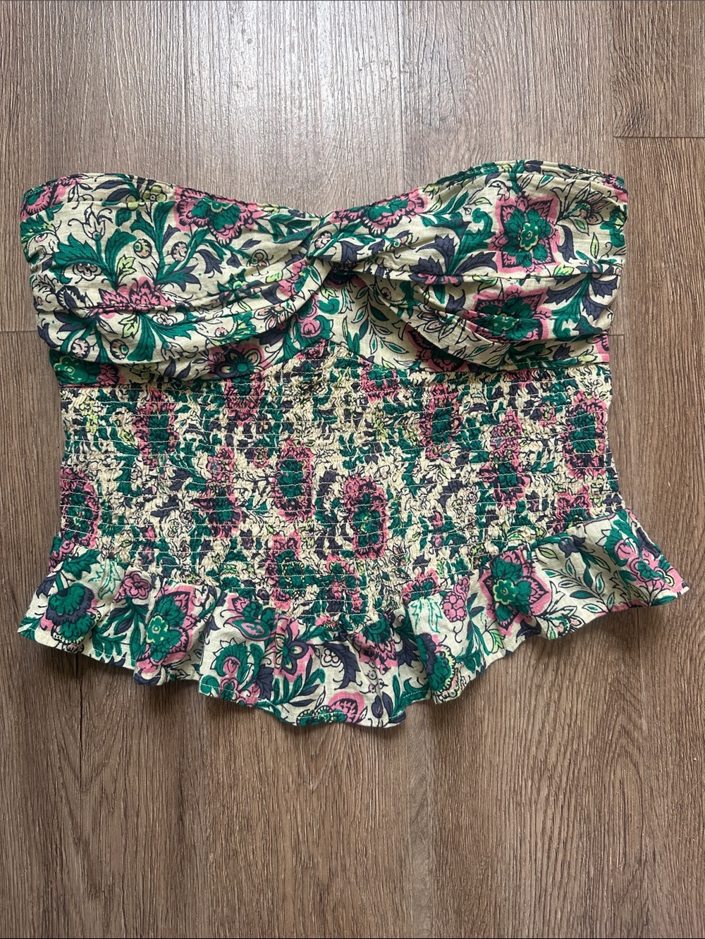 Free People Floral Smocked Strapless Peplum Top - Cream, Green & Pink